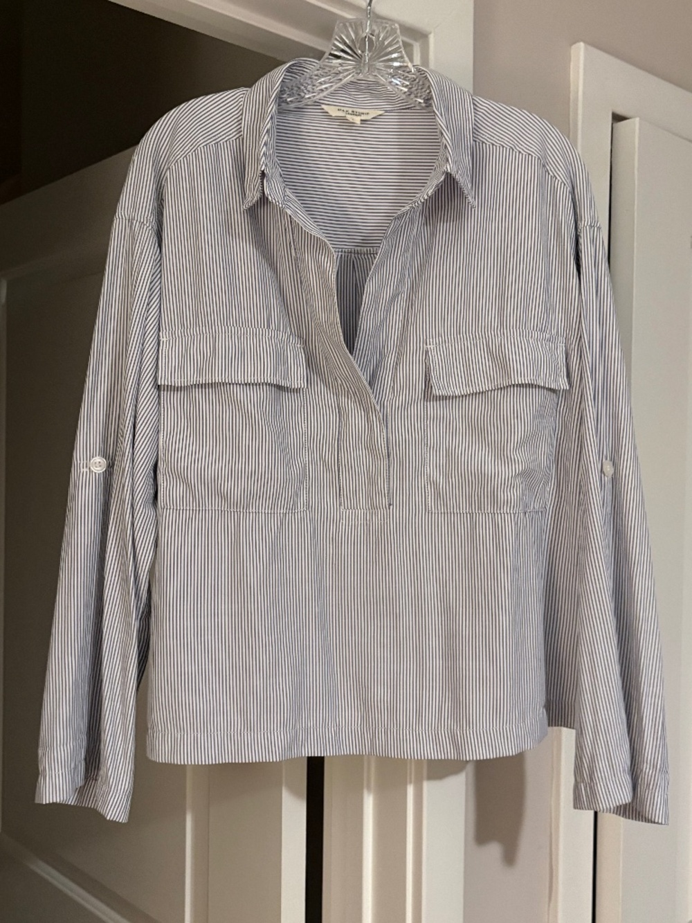Max Studio London Striped Popover Blouse Roll Tab Sleeves Size L